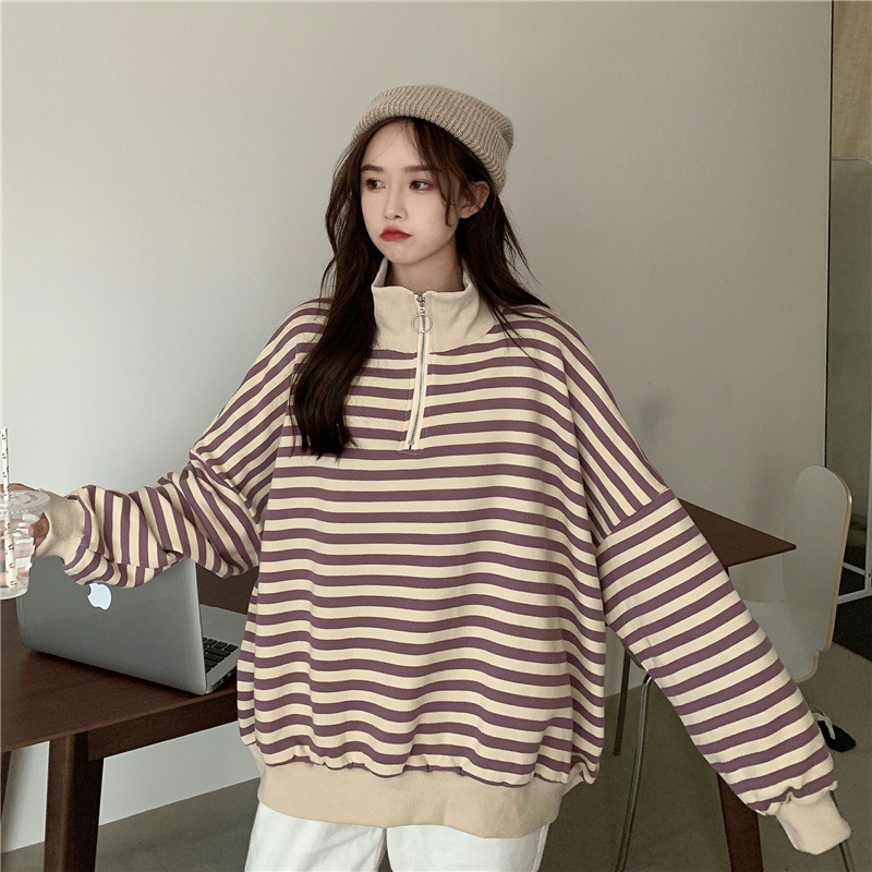 Áo sweater tay dài cổ bẻ kẻ sọc caro phối khóa kéo kiểu Hàn Quốc cá tính | BigBuy360 - bigbuy360.vn