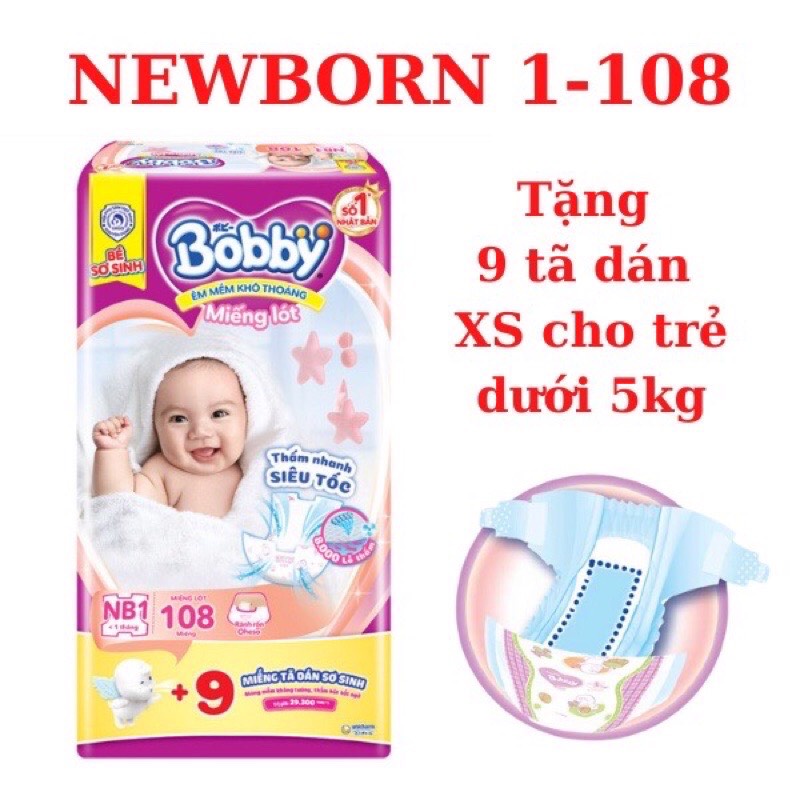 Miếng lót sơ sinh Bobby NB1 64/ NB1 108 miêng + 9 miếng tã dán cho bé