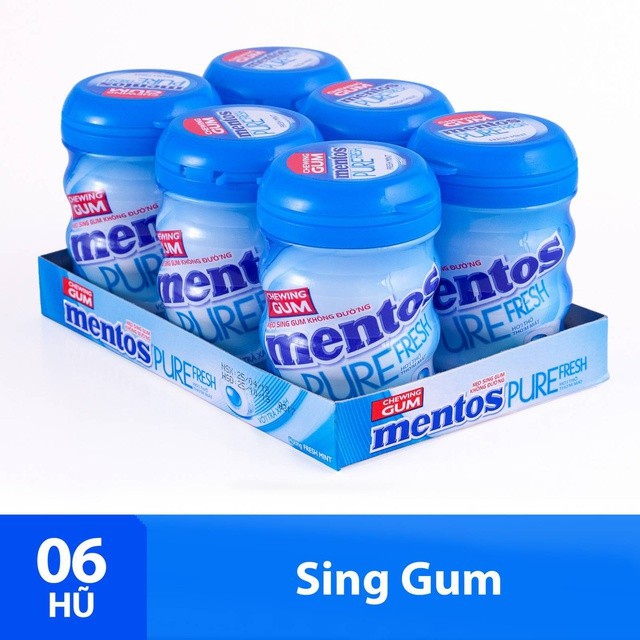 Sing gum không đường Mentos Pure Fresh hương bạc hà hộp 6 hũ