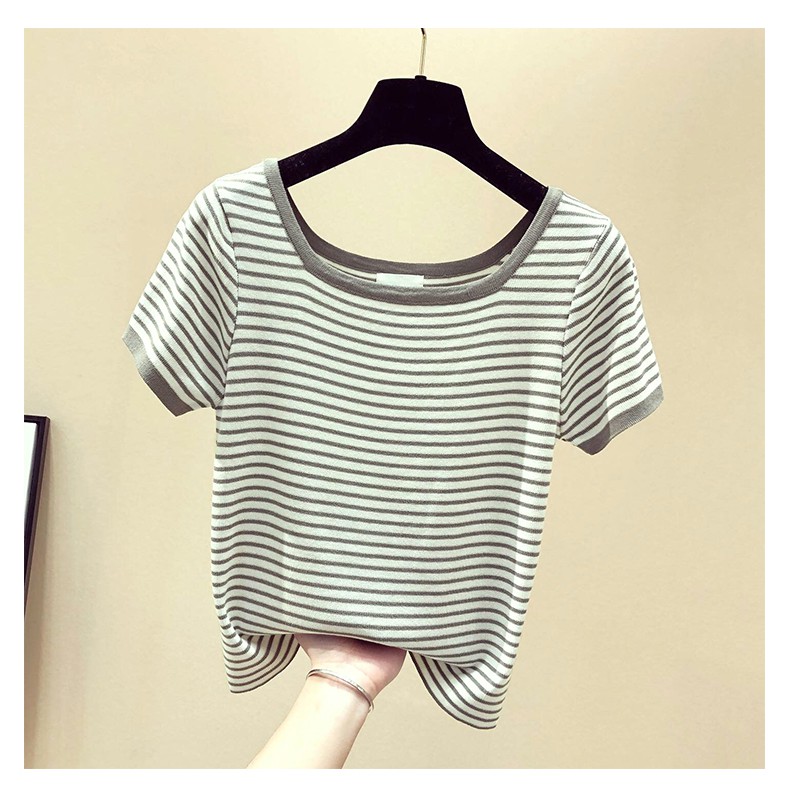 SUXI Áo Thun Dệt Kim Tay Ngắn Cổ Tròn Kẻ Sọc Trẻ Trung Hợp Thời Trang