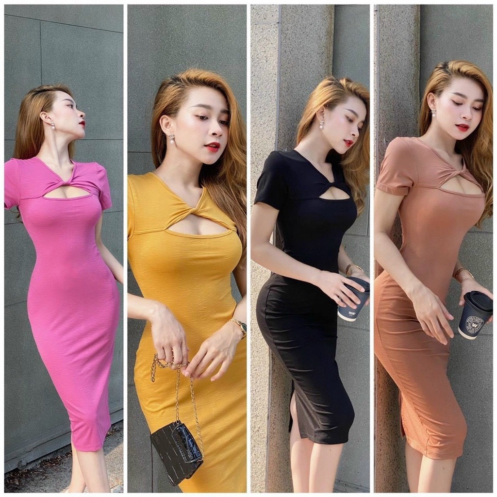 đầm tay ngắn dáng dài xoắn nhẹ hở ngực chất bozip mềm lth