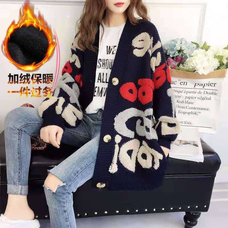 Áo Khoác Cardigan Dệt Kim Dáng Rộng In Chữ Phong Cách Hàn Quốc Thời Trang Thu Đông Mới