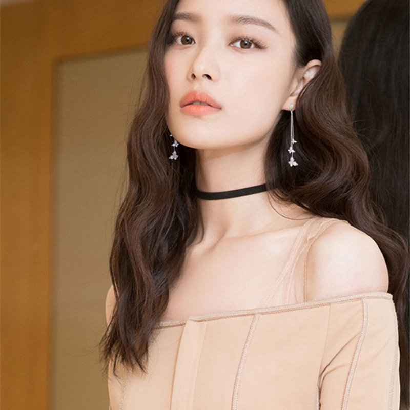 Butterfly Long Tassel Flower Earrings Rhinestone Earrings