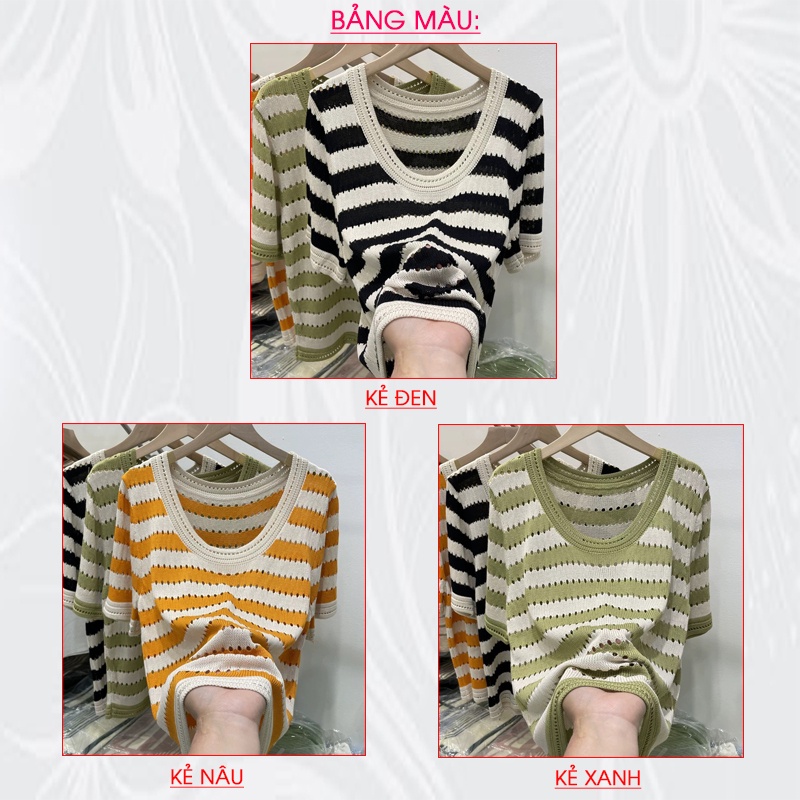 Áo Len Nữ MIN19 Áo Len Mỏng Dệt Kim Tay Ngắn Kẻ Cổ Tròn Kiểu Hàn Quốc Form Rộng Bigsize Màu Đen Xanh Nâu Thời Trang