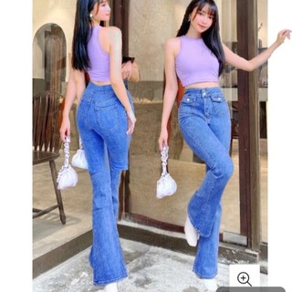 Quần jeans nữ ống loe lưng cao. quần jean nữ ống loe lưng cao bảng to 2 nút nâng mông tôn dáng