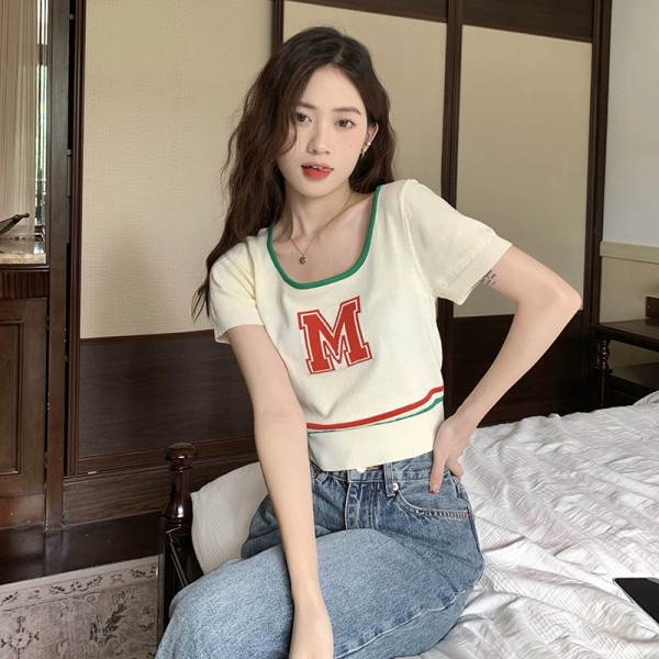 【ZHELIHANGFEI】Áo Thun Dệt Kim Tay Ngắn In Chữ Trẻ Trung Hợp Thời Trang