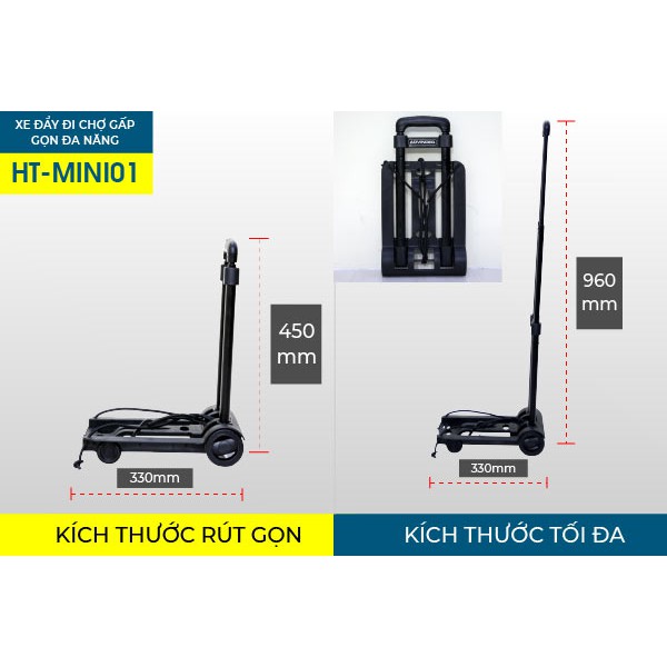 Xe đẩy kéo hàng đi chợ mini gấp gọn 2 bánh xách tay giá rẻ 40kg ADVINDEQ HT-MINI01 Tặng kèm dây buộc hàng Bảo hành 1 năm