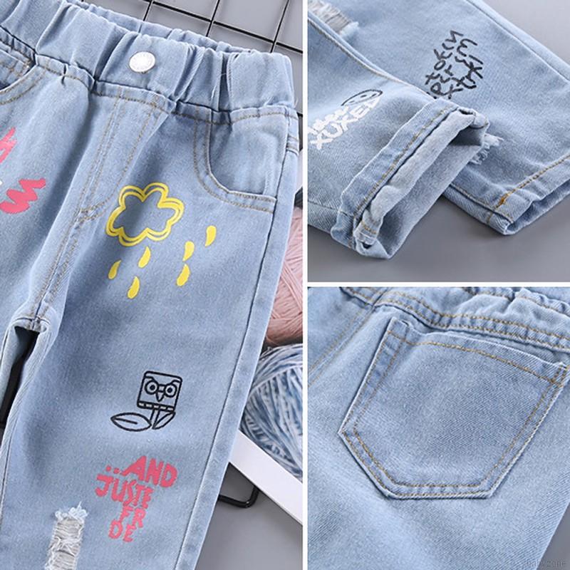 Quần Jeans Dáng Rộng In Hình Hoạt Hình Xinh Xắn Cho Bé Gái