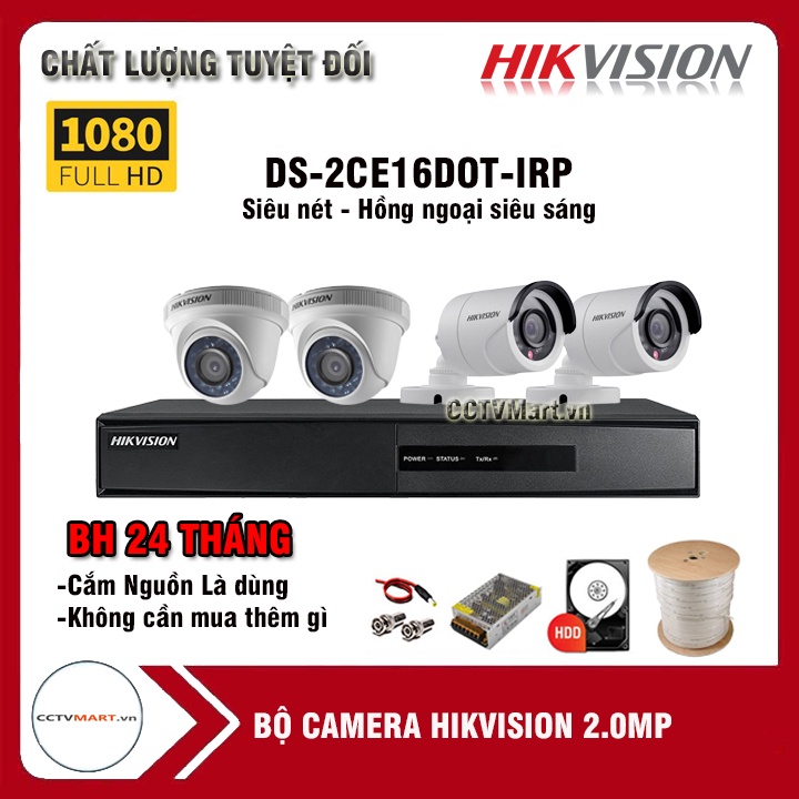 Trọn Bộ 4 Camera giám sát Hikvision 2.0MP - 1080P Siêu nét, Hồng ngoại rõ nét - Đầy đủ phụ kiện tự lắp đặt