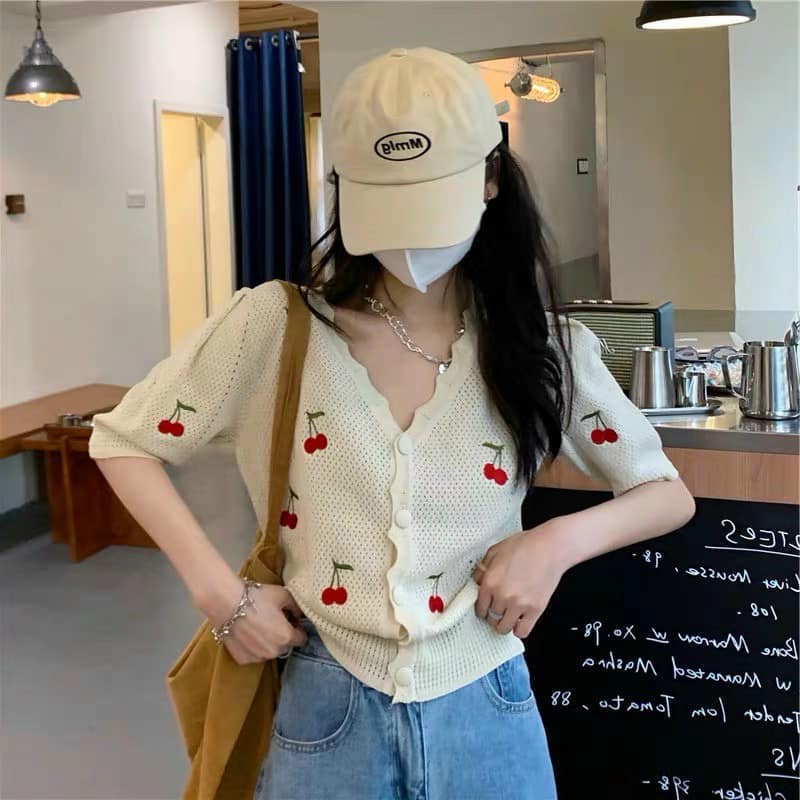 🍒 Áo len mongtoghi thêu chery phong cách vintage chất Loại 1