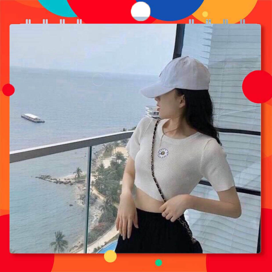 ÁO CROPTOP HOA HƯỚNG DƯƠNG MẶT CƯỜI 4 màu hot - ÁO THUN BODY KIỂU TÍM XANH NEON ĐEN TRẮNG [sập sàn]