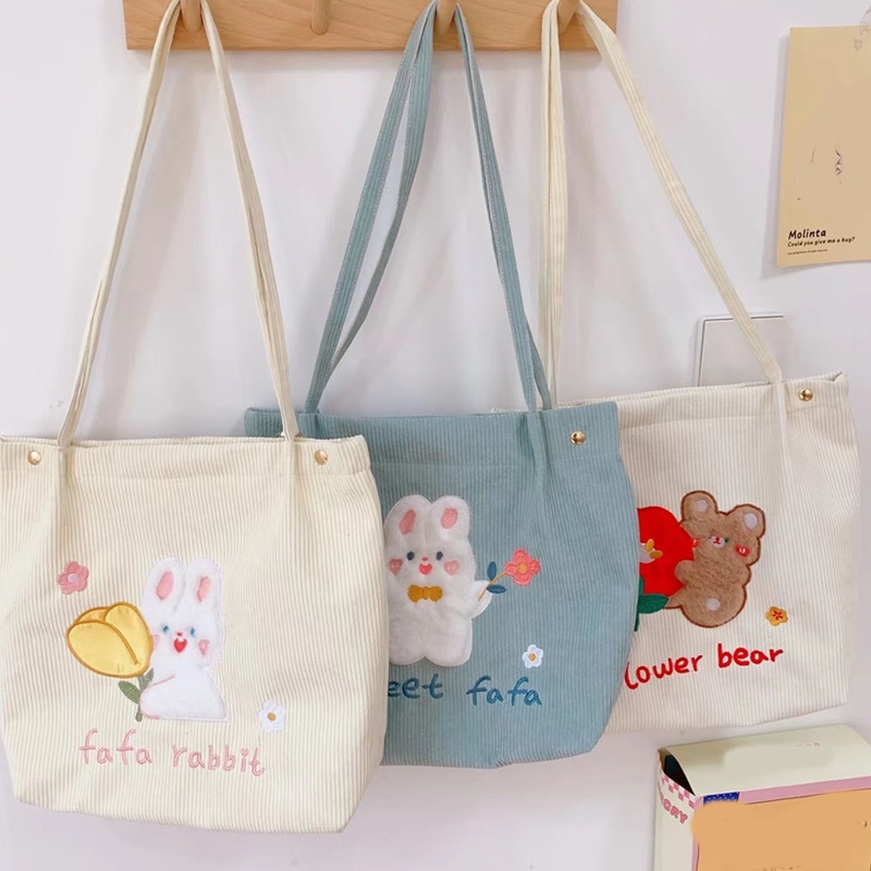 Túi Tote Đeo Vai Vải Nhung Kẻ Sọc In Hình Thỏ / Gấu Sức Chứa Lớn Cho Nữ