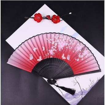 Quạt cổ trang xếp nhỏ gọn cầm tay quà tặng xinh xắn phong cách Trung Quốc vải lụa in hoa trang nhã
