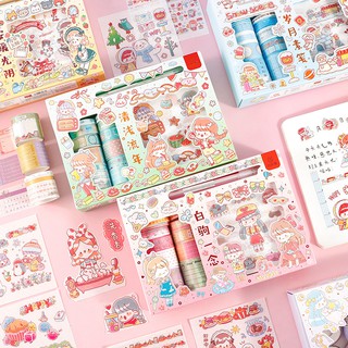 [Tặng Kèm Dao Cắt] Set Hộp 10 Cuộn WashiTape/Băng Keo Và 10 Sticker/Miếng dán Chủ Đề Dễ Thương