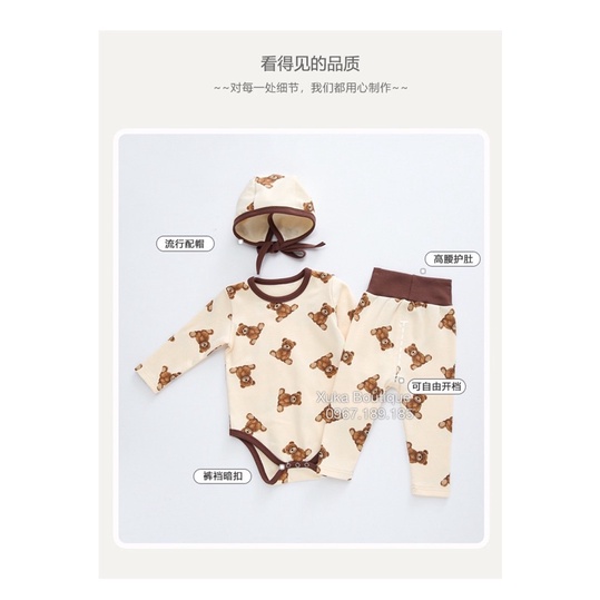 Bodysuit Kèm Quần + Mũ Hình Gấu Cao Cấp Cho Bé 0-2 Tuổi Style Hàn Quốc Cotton Dài Tay Thu Đông Cực Đẹp