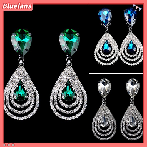 Cặp khuyên tai hình giọt nước nhiều lớp đính đá quý nhân tạo lấp lánh sang trọng