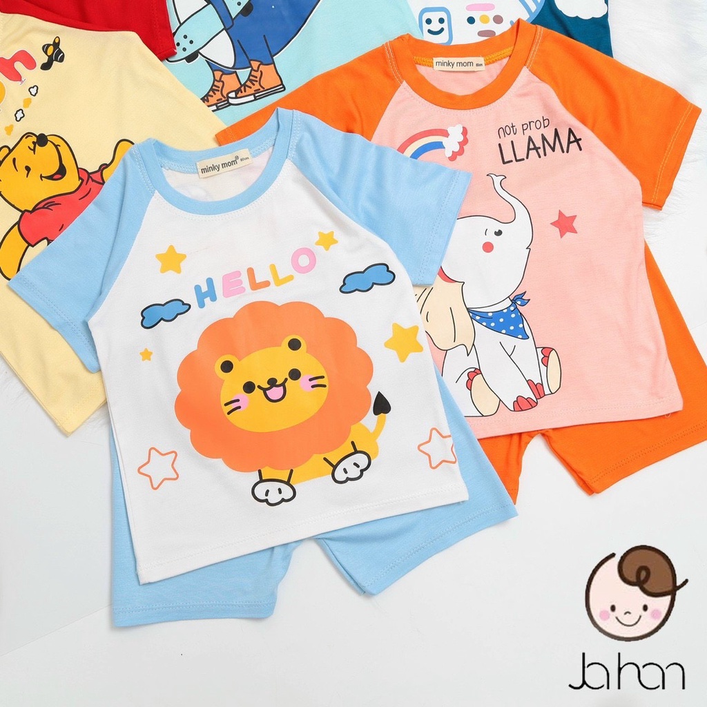 Đồ bộ MINKY MOM cho bé trai bé gái cộc tay thun lạnh loại 1 in hình, bộ quần áo trẻ em mặc ở nhà 6-18 ký 1 2 3 4 5 tuổi