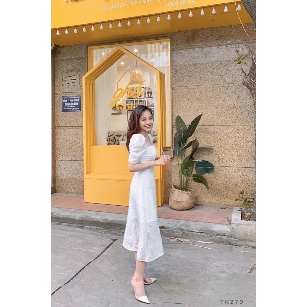 Đầm dự tiệc trắng vintage cổ vuông tay phồng Hàng Thiết Kế | BigBuy360 - bigbuy360.vn