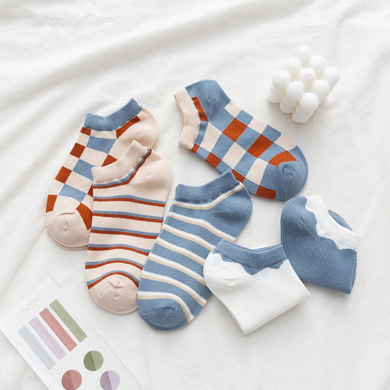 Vớ cotton Cổ Thuyền Kẻ Sọc Caro Màu Xanh Dương Dễ Thương Thời Trang Xuân Hè Cho Học Sinh