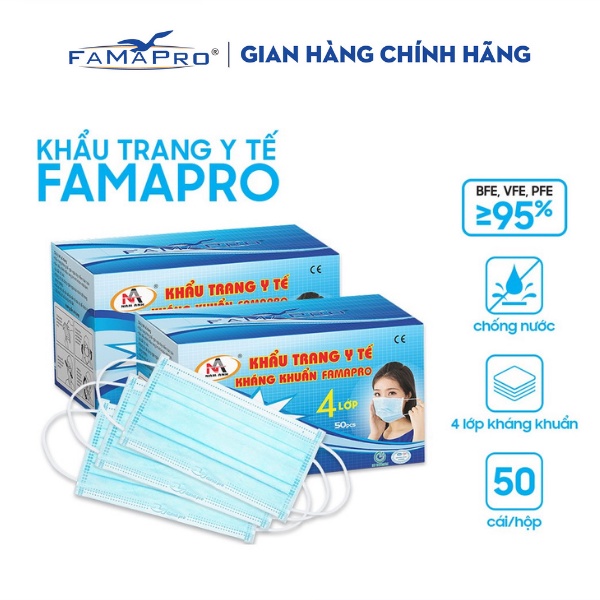 [Combo 2 hộp] khẩu trang y tế 4 lớp kháng khuẩn Cô Gái Famapro ( 50 cái/ hộp)