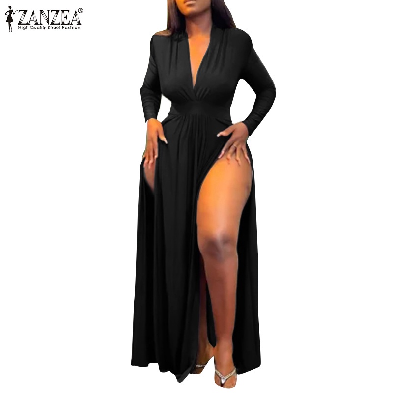 Đầm maxi ZANZEA cổ v tay dài xẻ tà ôm eo thời trang nữ