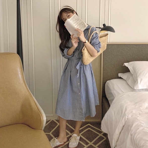 Đầm Tay Dài Dáng Rộng Kẻ Sọc Cài Khuy Kiểu Mới 45697