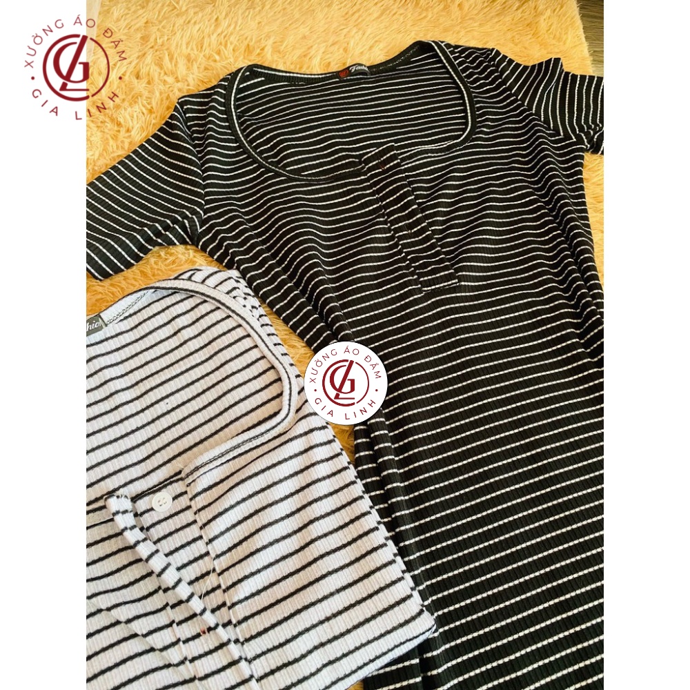 Đầm body dáng dài chất thun co giãn, váy cổ vuông có nút cài, họa tiết kẻ sọc thích hợp đi chơi hoặc đi tiệc