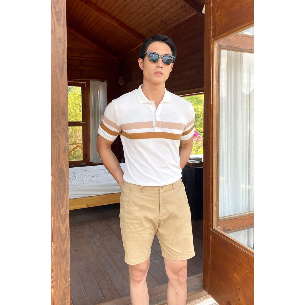 Áo Thun Polo Nam Cổ Bẻ Trắng In Sọc Ngực Nâu BY COTTON Double Brown Stripes Polo