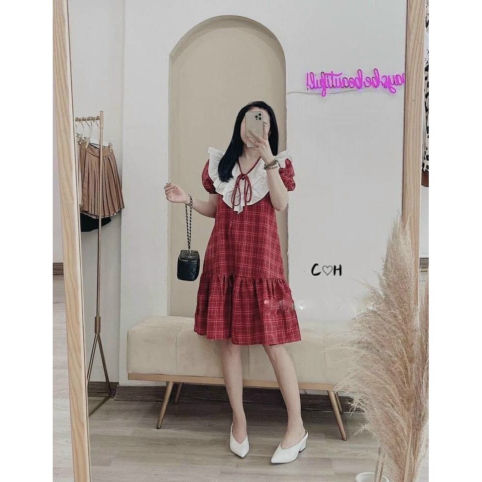 Đầm Bầu Thiết Kế Váy Bầu đẹp kẻ đỏ phối trắng Full size S/M/L