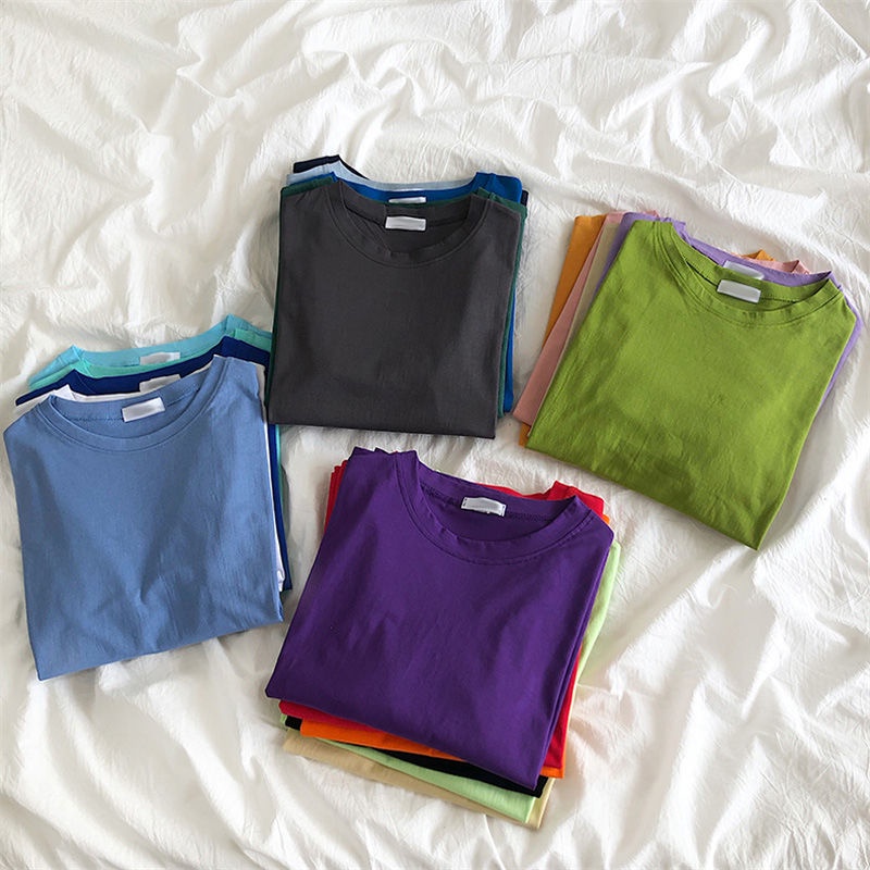 Áo thun cotton tay ngắn dáng rộng màu trắng phong cách Hàn Quốc thời trang cho nữ 2021