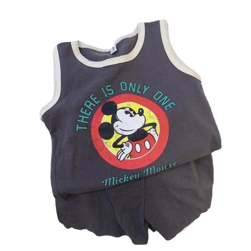 Bộ Áo Thun Sát Nách Phối Quần Short Vải Cotton Thoáng Khí In Hoạt Hình Thời Trang Mùa Hè Cho Bé