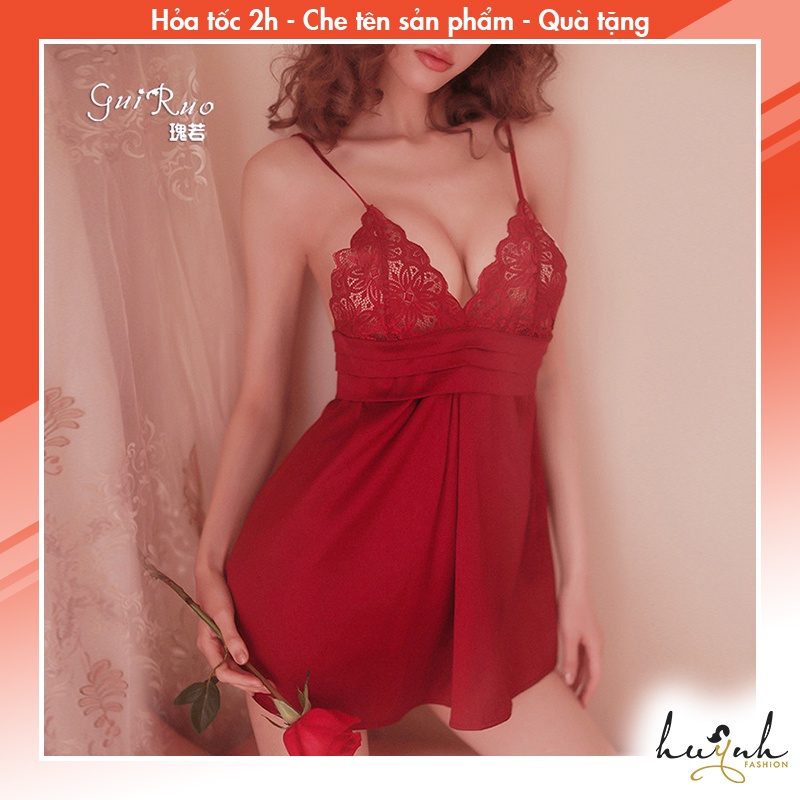 Váy ngủ hai dây phối ren chân ngực xếp ly cao cấp GUIRUO - N64