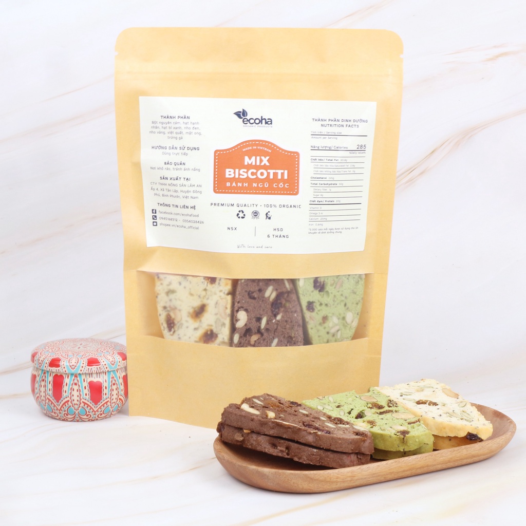 Bánh biscotti ăn kiêng nguyên cám mix 3 vị, biscotti không đường ăn vặt giảm cân ECOHA