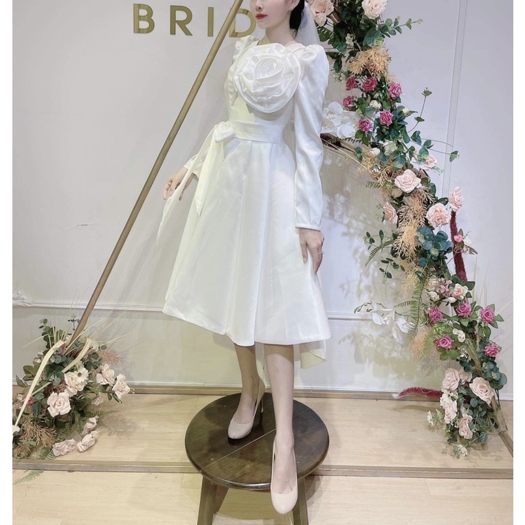 Váy cưới đi bàn cô dâu tay dài , đầm đi tiệc hoa ngực