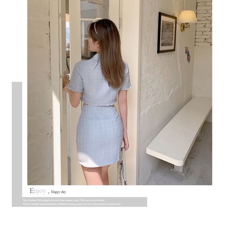 Sét áo dạ Tweed croptop và chân váy mini phong cách mùa thu mới