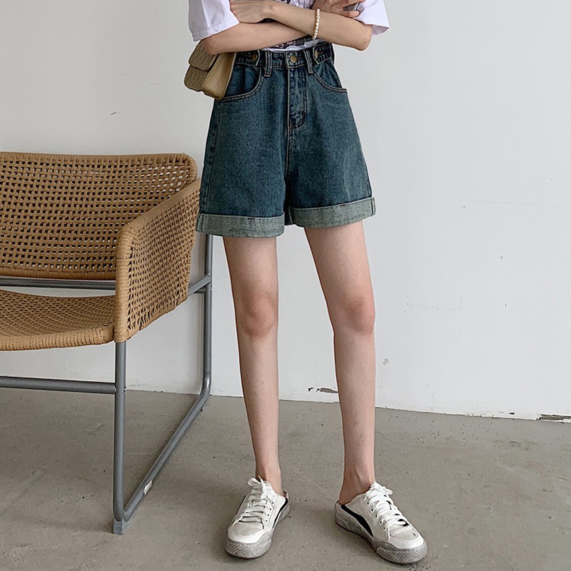 Quần Short Denim Lưng Cao Ống Rộng Phối Nút Điều Chỉnh Được Phong Cách Hàn Quốc Cho Nữ 2021