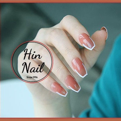 móng tay giả kèm keo Hin Nail hồng cam kẻ trắng nổi bật