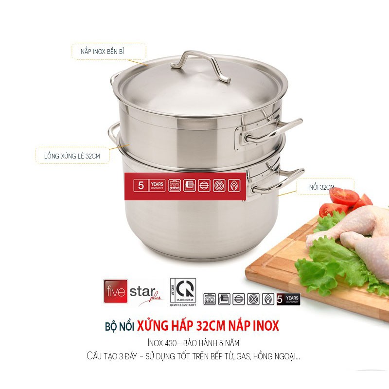 [ HÀNG CHÍNH HÃNG ] Bộ Nồi Xửng Hấp Inox 3 Đáy Fivestar 32cm 18 Lít Nắp Inox, Bảo Hành 60 Tháng Chính Hãng