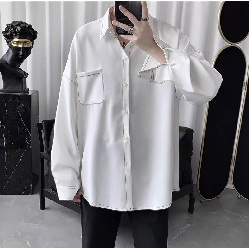 Sơmi Lụa tay dài CHỈ NỔI màu ĐEN/TRẮNG phong cách Ulzzang  Nam Nữ Uniex Áo Sơ mi form rộng Jaystoree2