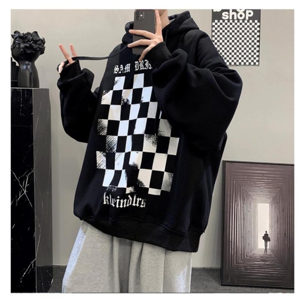 Áo Hoodie , Áo Nỉ Bông In Họa Tiết Ô Vuông Caro Trước Ngực From Rộng Phong Cách Hàn quốc 2021