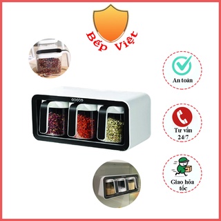 Kệ gia vị dán tường kèm hộp đựng 3 ngăn Ecoco, giá đựng gia vị nhà bếp tiện lợi