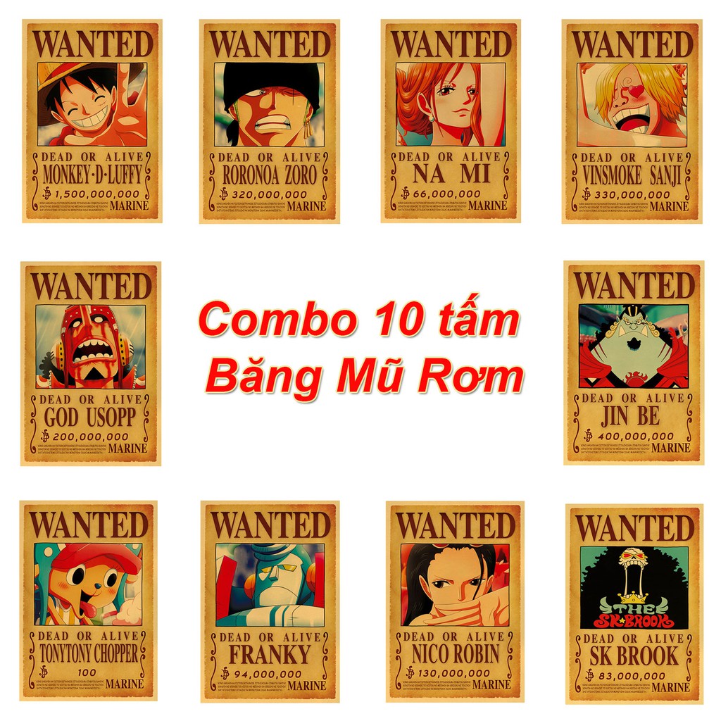 Combo Poster Truy Nã One Piece Băng Mũ Rơm kích thước 42*29 cm - Tranh Nhân vật One Piece dùng trang trí nội thất