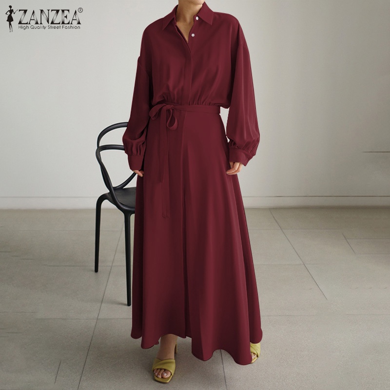 Đầm ZANZEA dài tay dáng mỏng phối một hàng nút cài với dây buộc thời trang Hàn Quốc thanh lịch