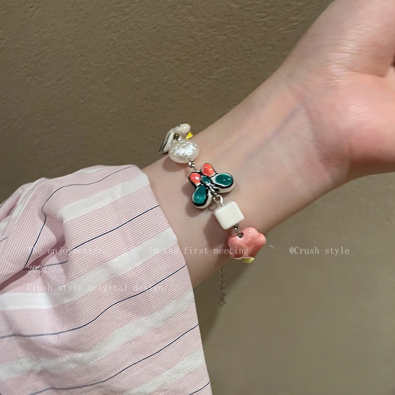 Vòng Tay Dây Xích Màu Bạc Họa Tiết Hoạt Hình Động Vật / Hoa / Trái Tim