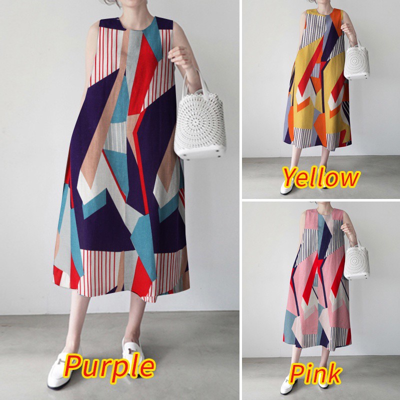 Đầm Midi Zanzea Không Tay In Hoạ Tiết Hình Học Phối Túi Hai Bên Thời Trang Cho Phụ Nữ
