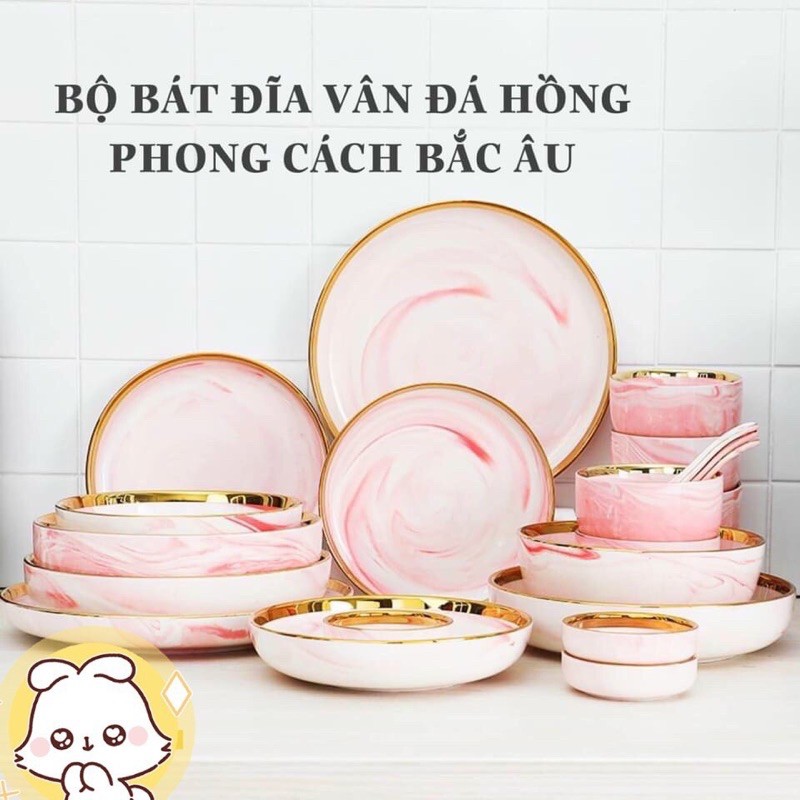 Bộ bát đĩa 26 món vân hồng viền mạ vàng phong cách Bắc Âu