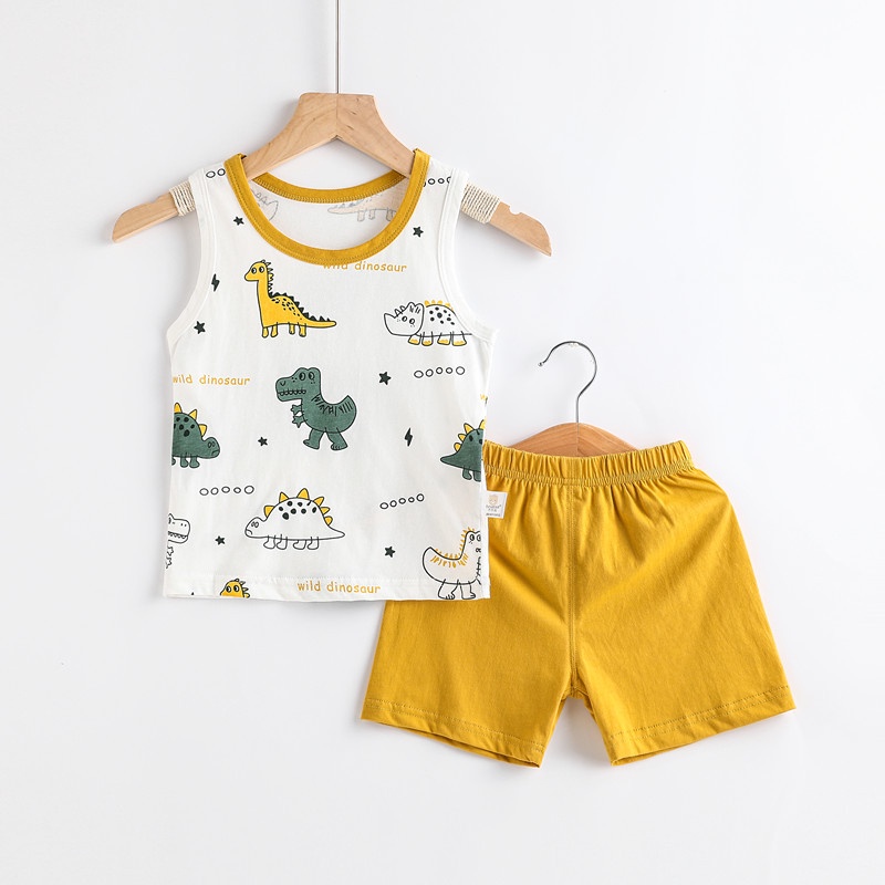 Bộ Áo Tank Top In Hình Khủng Long + Quần Short Vải Cotton Mềm Thoáng Khí Thời Trang Mùa Hè Cho Bé Trai
