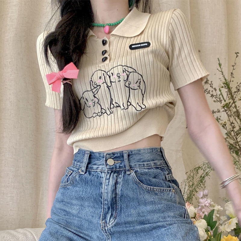 Áo polo Pure Cube dệt kim tay ngắn dáng ôm thêu hình thỏ thời trang mùa hè cho nữ