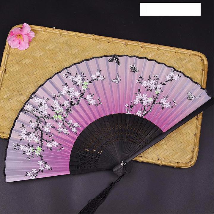 Quạt cổ trang hồng hoa xanh lá nan trúc cầm tay gập gọn dây tuyến cosplay