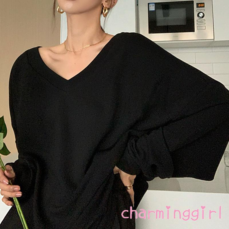 Áo Thun Tay Dài Cổ Tròn Dáng Rộng Màu Sắc Đơn Giản Cho Nữ